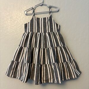 Little Bipsy linen tiered dress in charcoal black, white and beige striped 9-10y